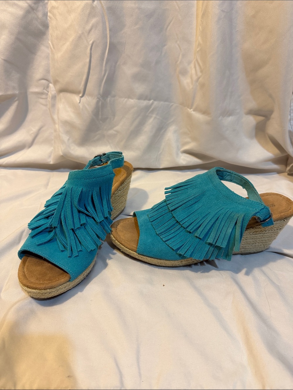 Minnetonka Teal Fringe Espadrille Wedge Sandals